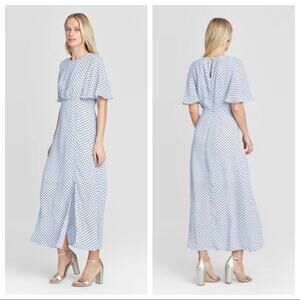 Who What Wear Blue Polkadots Flutter Sleeve Midi Dress Size S